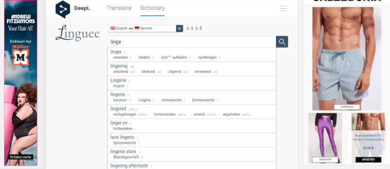 Screenshot: Linguee-Übersetzungs-Website mit Werbung für Unterwäsche und Bademode