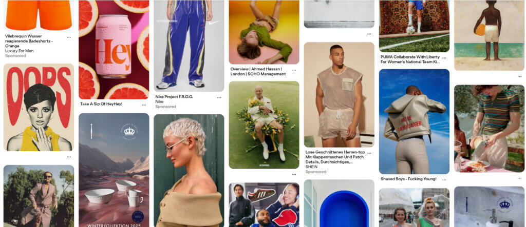Pinterest screenshot with colorful fashion inspiration including a man in semi see-through shirt and shorts