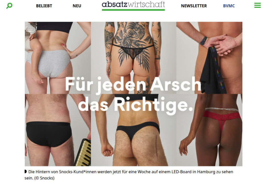 Snocks-Werbung mit Fotos von Hinterteilen in unterschiedlichen Unterhosen