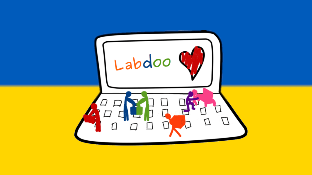 sketch of a laptop computer with labdoo artwork before a background of the colors of the ukrainian flag