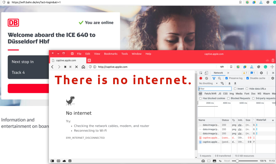 There is no Internet, screenshot collage while trying to get online riding a Deutsche Bahn train.
