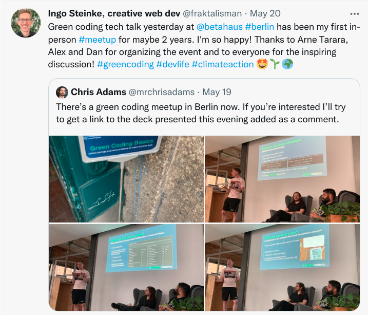 tweet about green coding meetup, quoting a tweet with images by Chris Adams