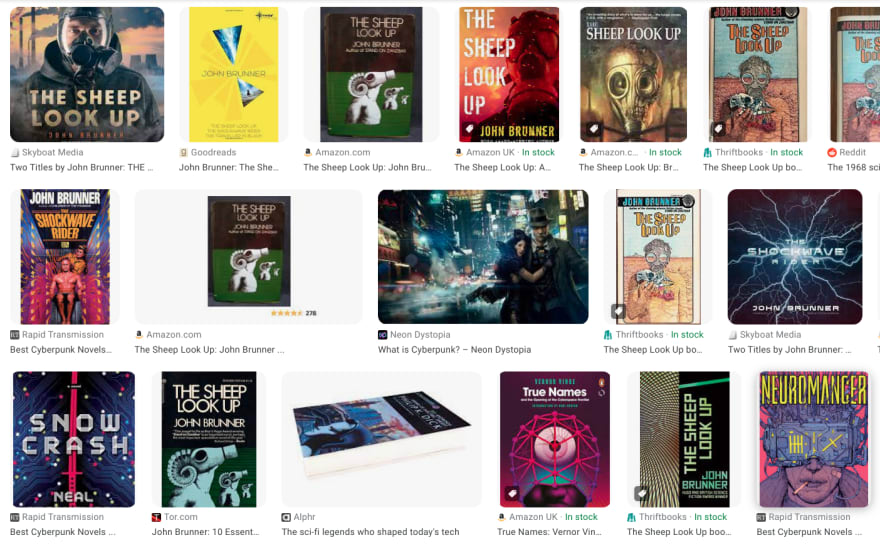 Screenshot of image search results for early cyberpunk literature