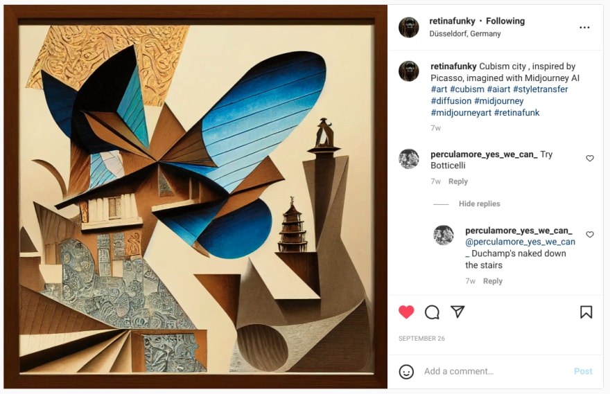 Screenshot of AI artwork by retinafunky on instagram: Cubism city, inspired by Picasso, imagined with Midjourney AI by Andy Weisner