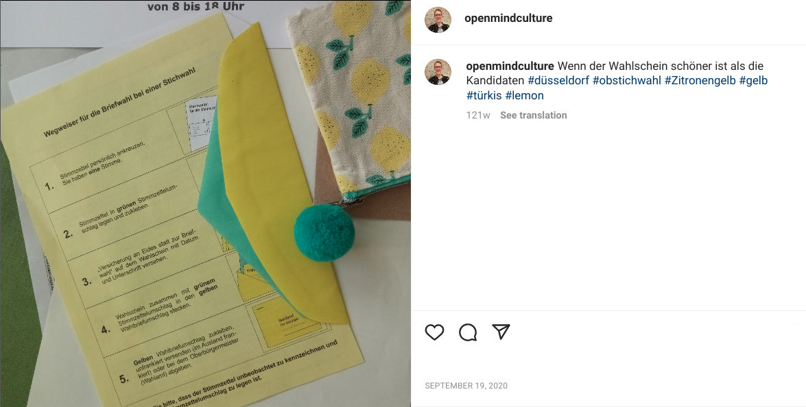 Wahlschein aus Düsseldorf 2020 in sommerlicher grün-gelber Farbkombination