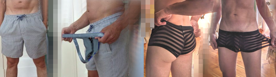 Anprobe: Bermuda-Shorts vs. Men-String Tanga Slips und transparente Unterhose (Collage)