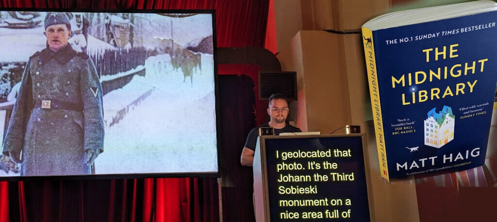 Collage: Tobias Baldauf speaking about his grandfathers as World War soldiers, and the book cover of Matt Haig's Midnight Library