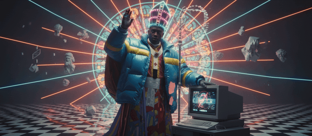 Pope art with vintage computer generated by Banana AI
