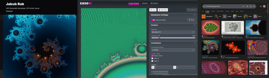 Screenshot collage trying and searching for fractal generation software: Jakub Rak, zazov, Google