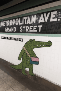 Metropolitan Avenue Grand Street station alligator artwork (AI-generated image)