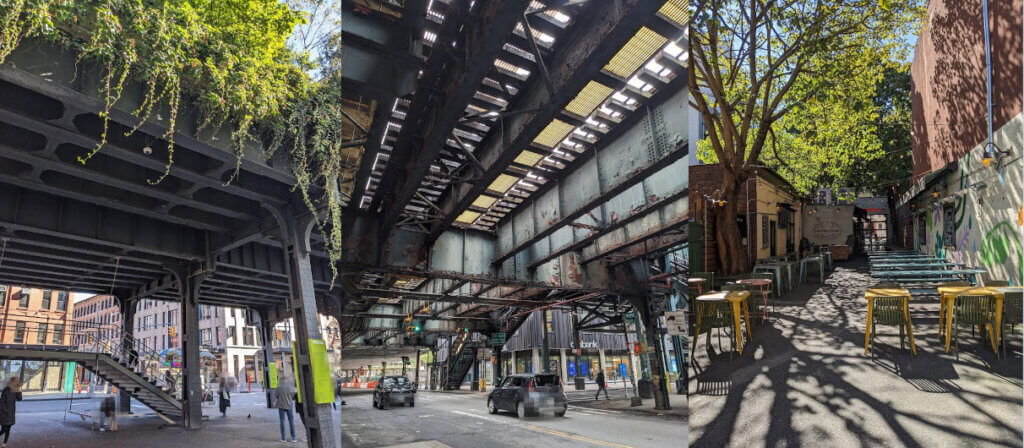 High Line, Brooklyn Train, empty bar in the sunshine